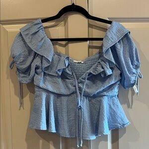 Tularosa Off The Shoulder Light Blue Ruffled Blouse